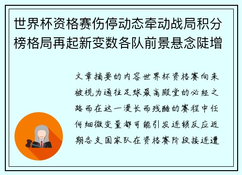 世界杯资格赛伤停动态牵动战局积分榜格局再起新变数各队前景悬念陡增 世界杯资格赛伤停动态牵动战局积分榜格局再起新变数各队前景悬念陡增