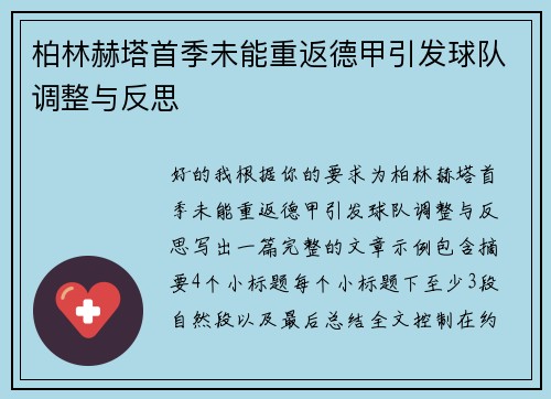 柏林赫塔首季未能重返德甲引发球队调整与反思 柏林赫塔首季未能重返德甲引发球队调整与反思