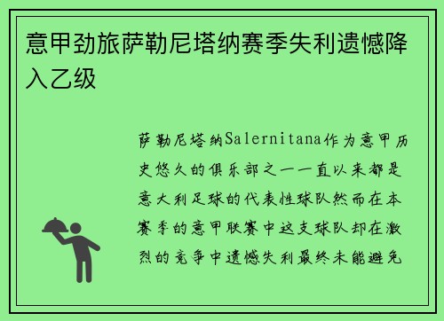 意甲劲旅萨勒尼塔纳赛季失利遗憾降入乙级
